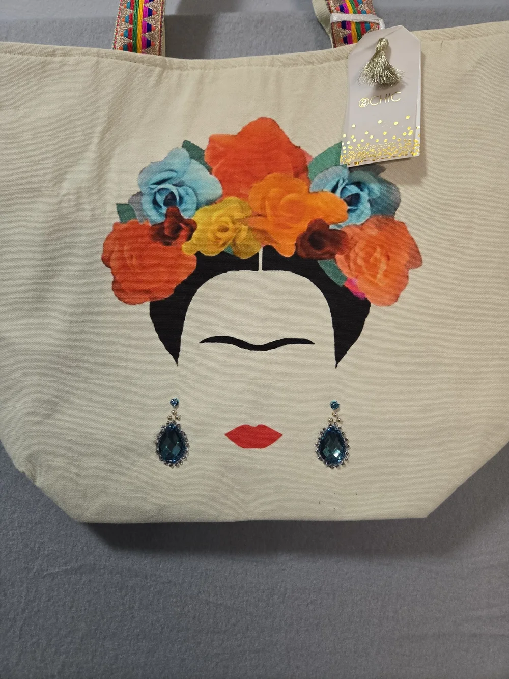 Frida Inspired Colorful Fabric Tote Modern Classic 2 Chic With Earring Accents